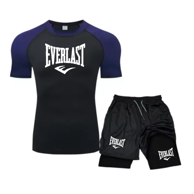 Men's Compress Shirt + 2-in-1 sports shorts 2pcs Set Leisure Breath Short Sleeve Sport Jogging Gym Brand Print Clothing