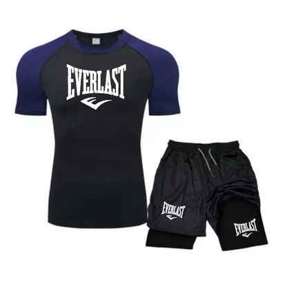 Men's Compress Shirt + 2-in-1 sports shorts 2pcs Set Leisure Breath Short Sleeve Sport Jogging Gym Brand Print Clothing