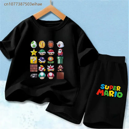 Summer Casual Kids Clothing Set Mario Cartoon Print Pure Cotton Short Sleeve Tee And Shorts 2PCS Wear For Boys Girls