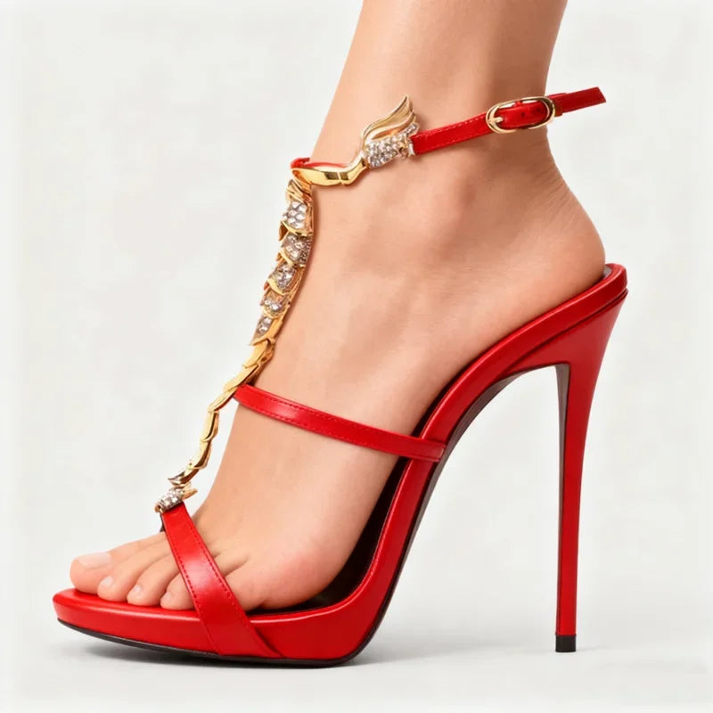 Shiny Crystal Rhinestone Gold Metal Decoration Pumps Sexy Pointed Toe Thin Heel New Arrvials Fashion Women Modern Shoes