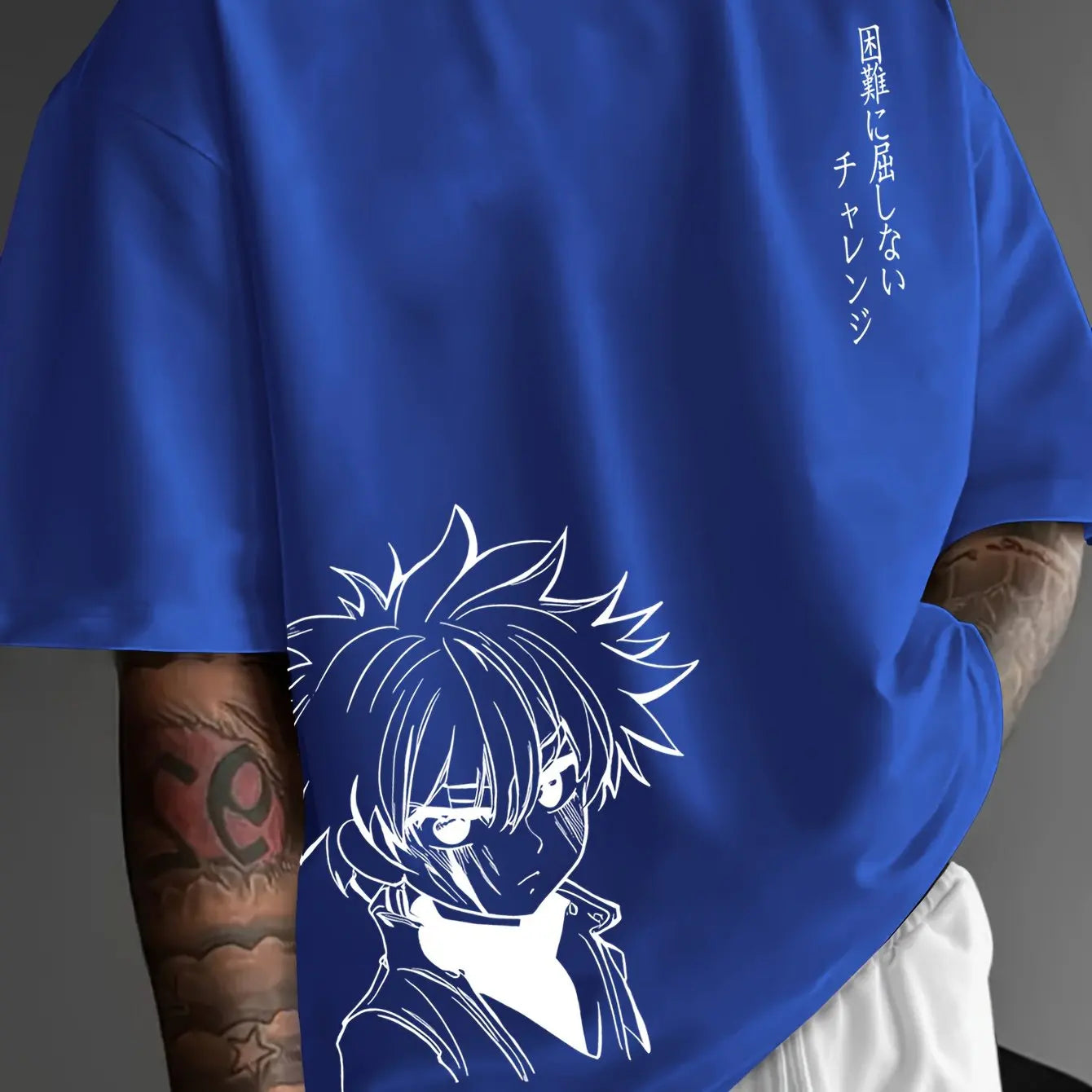 Men's 100% cotton fashionable casual loose fitting Japanese anime character pattern printed round neck short sleeved T-shirt top