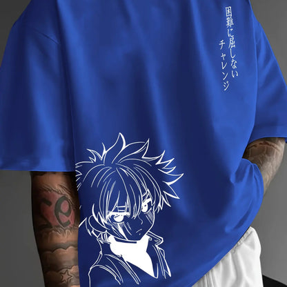 Men's 100% cotton fashionable casual loose fitting Japanese anime character pattern printed round neck short sleeved T-shirt top