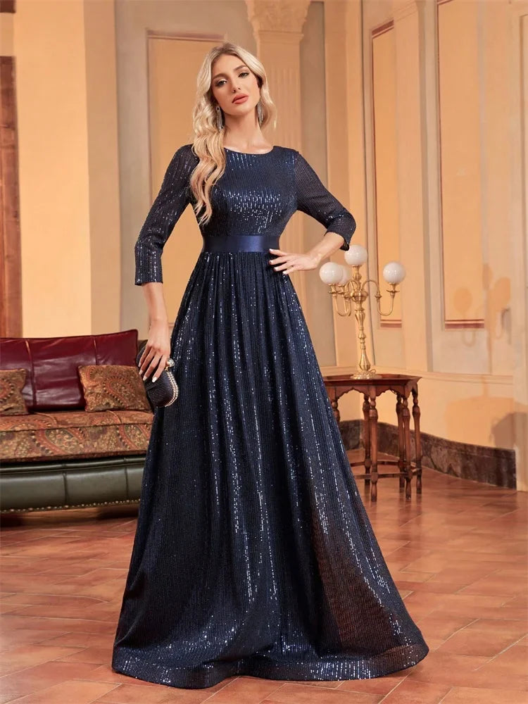 Luxury O-Neck Long Sleeves Blue A-line Sequins Formal Evening Dresses Women V-back Slim Wedding Party Prom Maxi Cocktail Gowns
