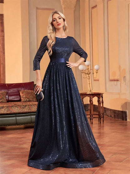 Luxury O-Neck Long Sleeves Blue A-line Sequins Formal Evening Dresses Women V-back Slim Wedding Party Prom Maxi Cocktail Gowns