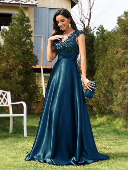 Elegant Pleated Splicing Cover sleeve  With Pockets Sequins Evening Dresses Long Luxury Women Satin Wedding Party Cocktail Gowns