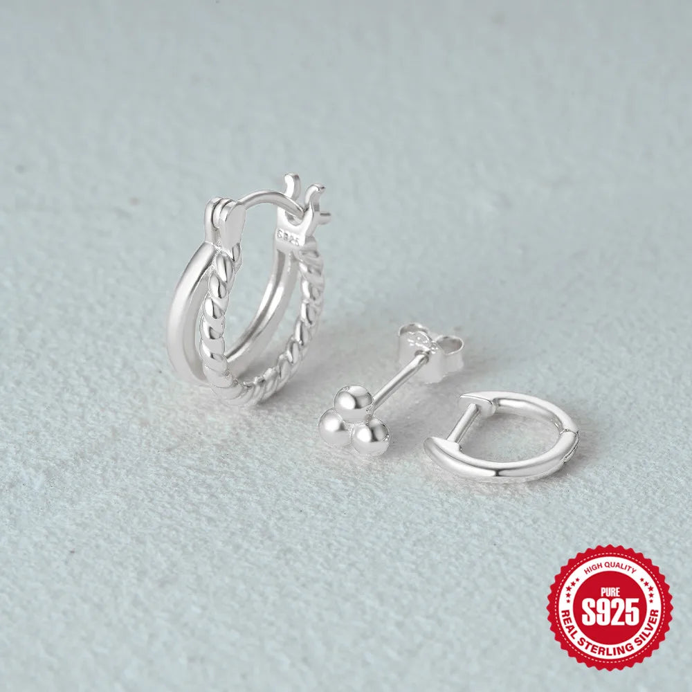 925 Sterling Silver 3PCS Zircon Double Layer Hoop Earrings For Women Minimalism Ins Earrings Fine Jewelry Party Gift
