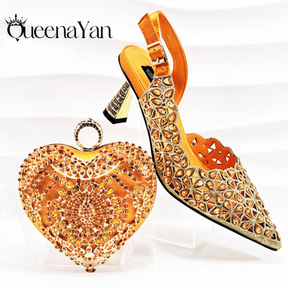 Italian Design Rhinestone-encrusted Sex Ladies Shoes And Special Bag High Heels And Heart Shape Gold Mini Bag
