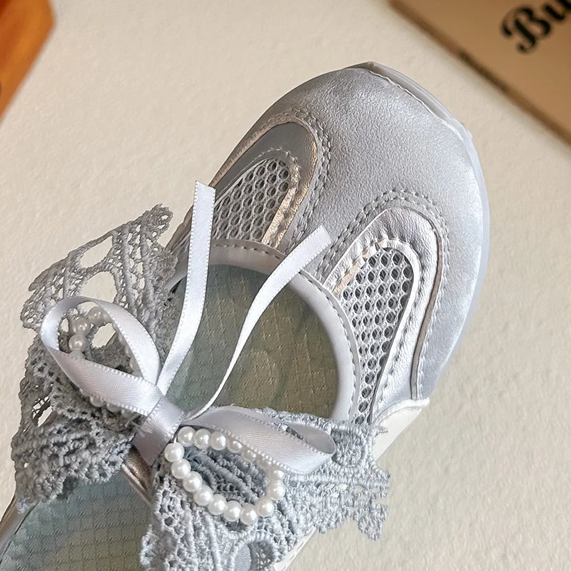 Kids'Casual Shoes Sneakers Mesh Bow Spring Summer Shoes For Girls Anti-slip Breathable Soft Bottom White Silver Shoes Size 23-36