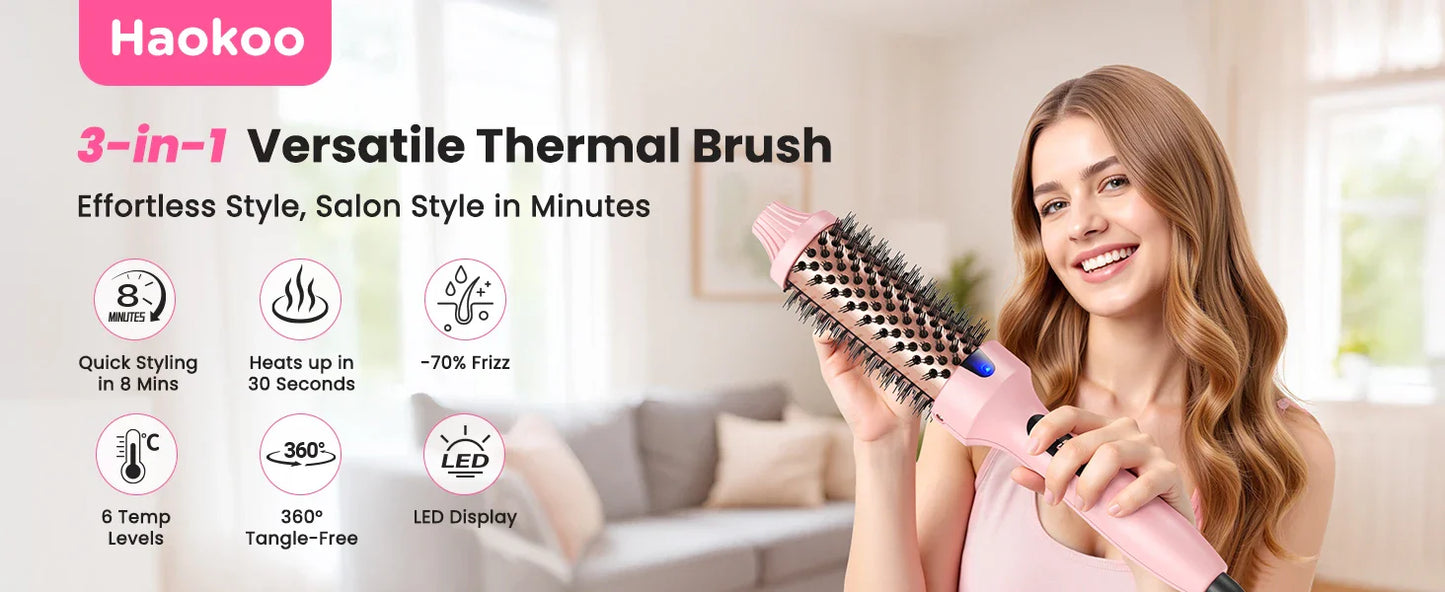 Ionic Thermal Brush Dual Voltage 6 Temperature Settings & LED Digital Display For Curling And Straightening Hot Air Styler