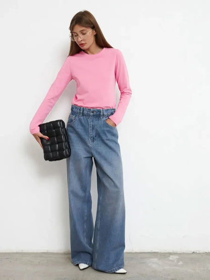 Women's Spring Autumn 100% Cotton T-shirt Bottoming Basic Solid Lady Long Sleeve Loose Tops Shirts Oversized T Shirt