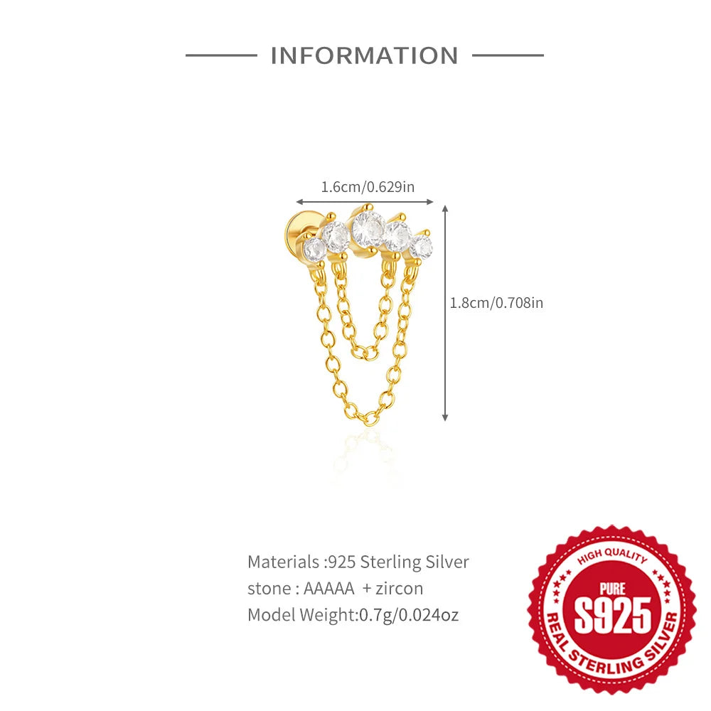 1PC 925 Sterling Silver Horse Eye Chain Tassel Zircon Drop Earrings For Women Ins Minimalism Geometric Earrings Gift