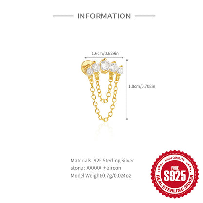 1PC 925 Sterling Silver Horse Eye Chain Tassel Zircon Drop Earrings For Women Ins Minimalism Geometric Earrings Gift