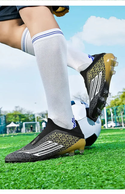 Men High Top Soccer Cleats Firm Ground Stud Sole Breathable Wear Resistant Outdoor Lawn Match Training Football Shoes