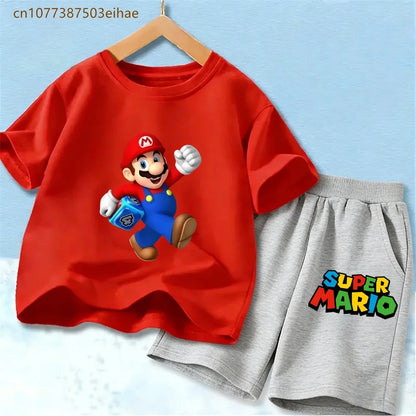 Kids Mario Graphic Short Sleeve T Shirt And Shorts Set Lightweight Summer Sport Costume Boys Girls Casual Home Outdoor Clothes