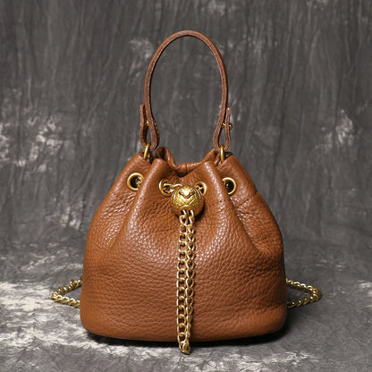 Metal Drawstring Versatile Women's Handbag Genuine Leather Chain Crossbody Bag Vintage Bucket Bag Mobile Phone Bag