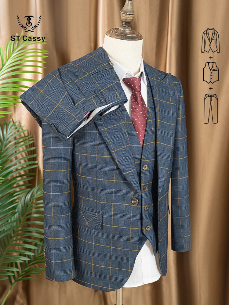Dark blue 3 Piece Checkered Suit Set  Stylish Business Office Wedding Formal Outfit Elegant full man suit