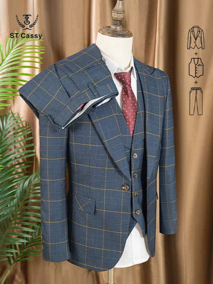 Dark blue 3 Piece Checkered Suit Set  Stylish Business Office Wedding Formal Outfit Elegant full man suit