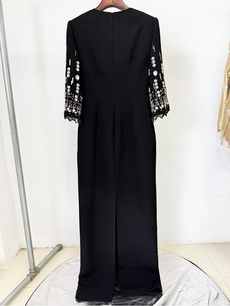 Fashion 2026 S/S Designer Vestido Women's Half Sleeve Stunning Beaded  Long Maxi Dress