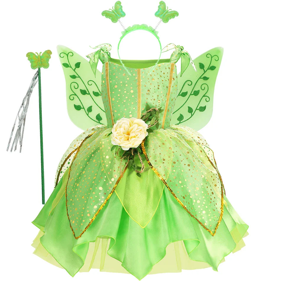 Girls TinkerBell Costume Halloween Costume Green Fancy Dress Fairy Princess Cosplay Carnival Party Costume