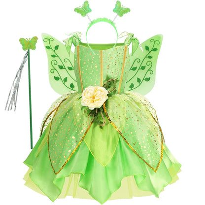Girls TinkerBell Costume Halloween Costume Green Fancy Dress Fairy Princess Cosplay Carnival Party Costume