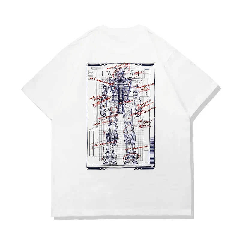 Japanese Anime All Cotton T-shirt Mobile Suit Gundam RX78 Design Picture Short Sleeved Hot Selling Loose Casual Couple Top