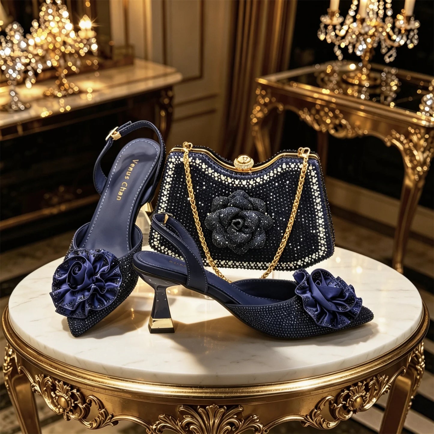 Luxury Green 3D Rose Rhinestone Shoes And Bag Set Women Pointed Toe Slingback High Heels Matching Clutch For Wedding Party