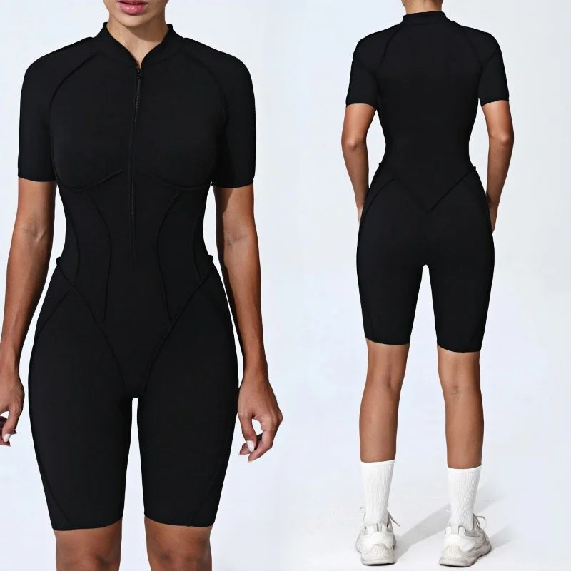 Zipper Short-sleeved Yoga Sports Fitness Jumpsuits Sets Without Chest Pad Tight Bodysuits Shorts Gym Workout Clothes for Women