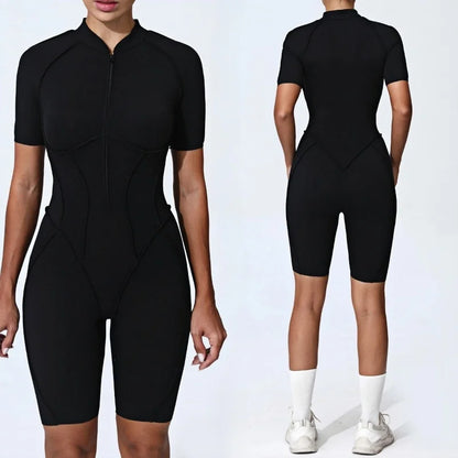 Zipper Short-sleeved Yoga Sports Fitness Jumpsuits Sets Without Chest Pad Tight Bodysuits Shorts Gym Workout Clothes for Women