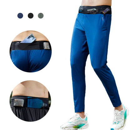 Lightweight Quick Dry Ice Silk Marathon Running Pants with Around waist Pack Breathable Workout Fitness Jogging Sport Trousers