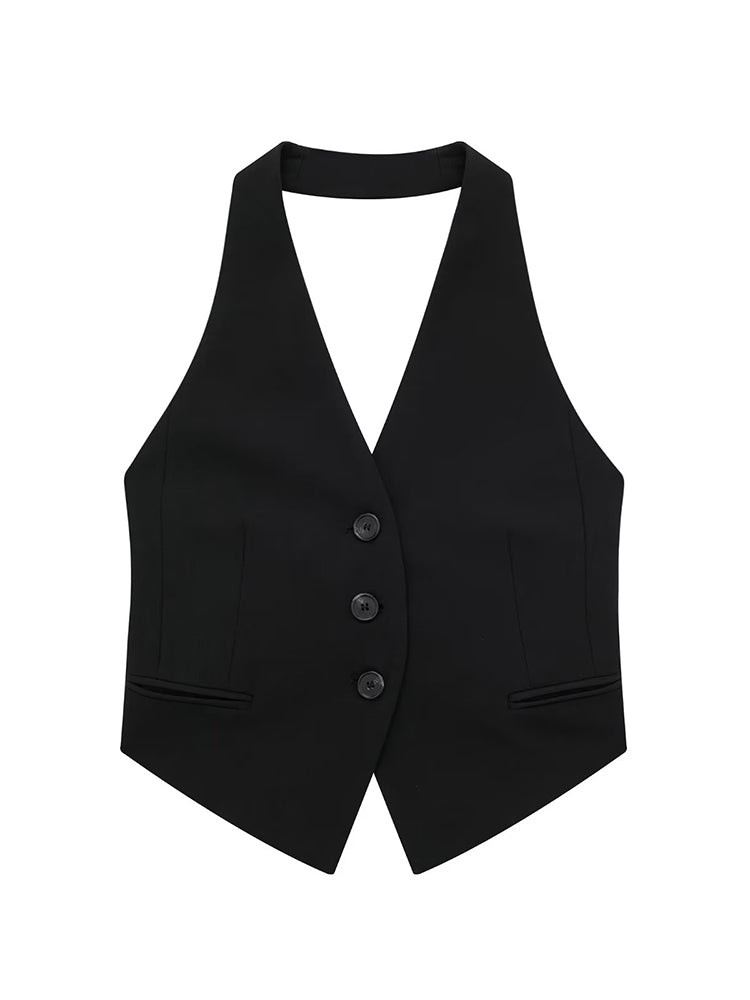 Women Fashion Black Backless Lace Up Waistcoats Vintage Halter Neck Sleeveless Jackets Female Chic Lady Tank Tops