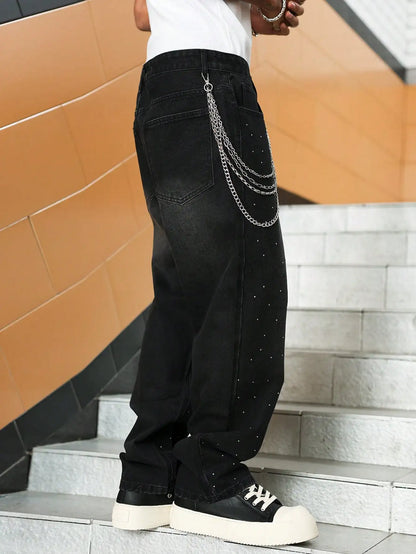 Men's black denim wide-leg pants with rhinestones, easily mastering the street fashion.