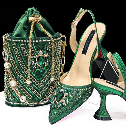 Girly Style Pointed Toe Wedding Shoes and Bag Full Diamond Decoration Metal Closure Bag Italian Design 2024