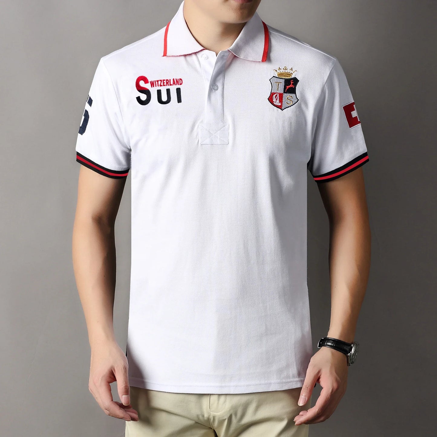 New Swiss polo shirts men short sleeved polo collars fashionable casual sporty high-end pure cotton micro elastic embroidery
