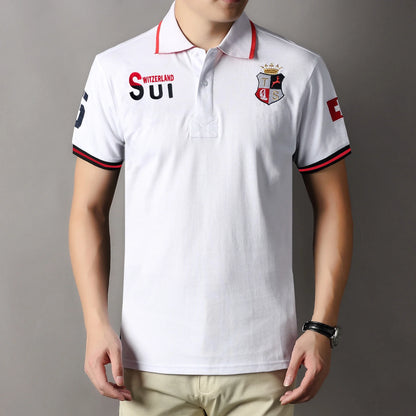 New Swiss polo shirts men short sleeved polo collars fashionable casual sporty high-end pure cotton micro elastic embroidery