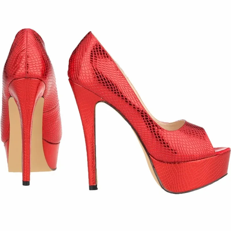 Women Sandals Sexy Pumps Patent Leather Platform Crocodile Pattern 14cm High Heels Peep Toe Stilettos Party Dress Wedding Shoes
