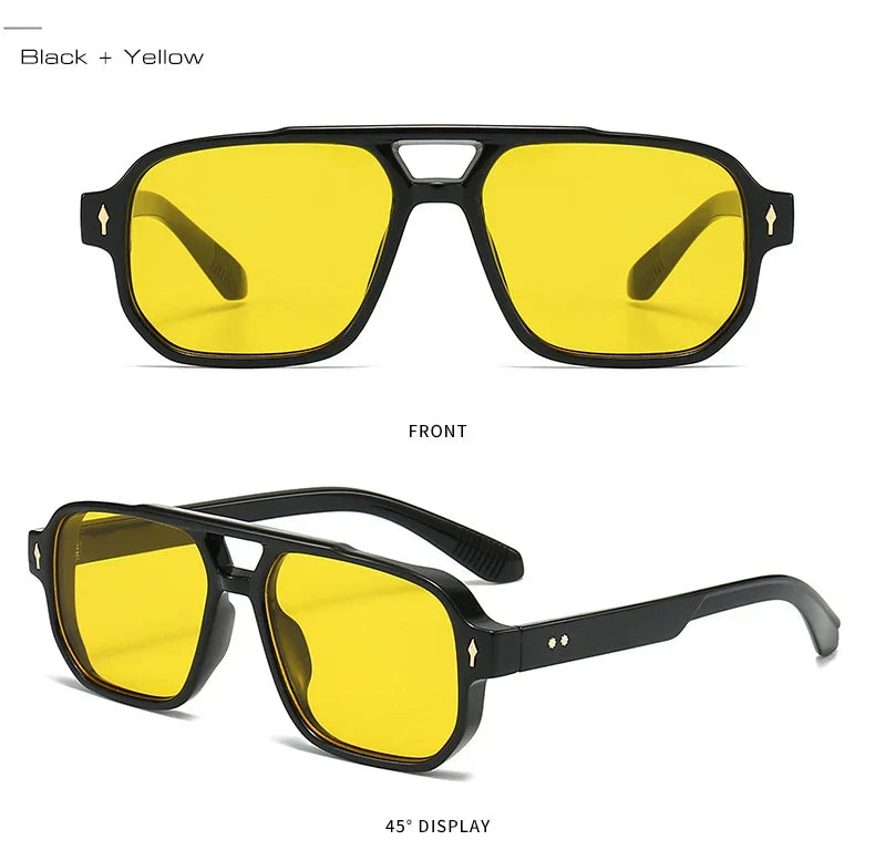 Vintage Double Bridges Men Square Sunglasses Fashion Clear Ocean Lens Eyewear Women Trending Rivets Sun Glasses UV400