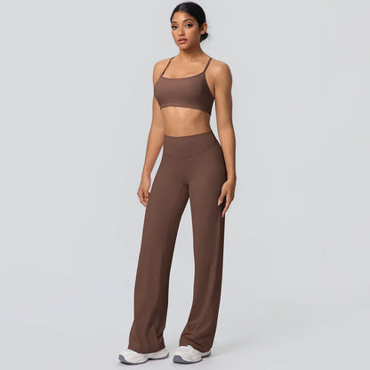 Women Gym Sports Yoga Suit Sexy Beautiful Back Yoga Underwear With Chest Pad Solid Color High Waisted Wide Leg Pants Yoga Set