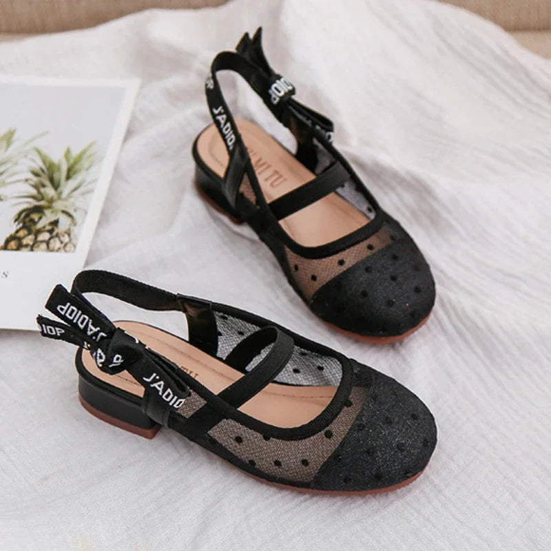 Mesh Black White Polka Dot Shoes Sandals for Girls with Heels Mules Sling Back Shoes for Girls Luxury Shoes for Girls To Dress