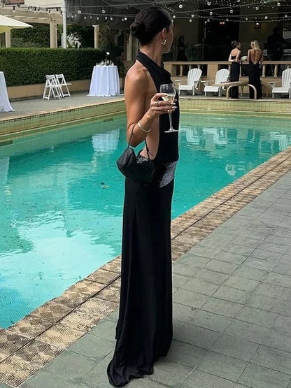 Backless Fashion Dresses Elegant Halter Patchwork Draped Maxi Bodycon Female Solid Simple Evening Party Frock New