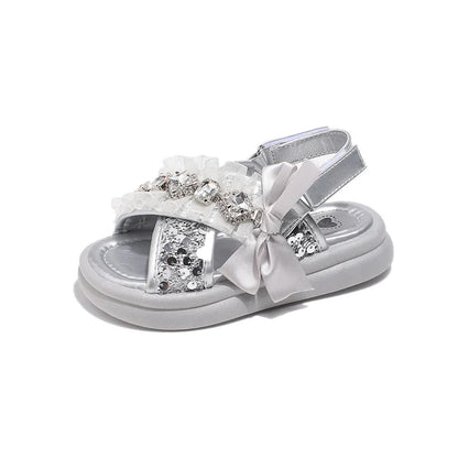 Kids Casual Shoes Fashion Sandals PU Leather Crystal Sequin Summer Shoes For Girls Breathable Silver Shoes Size 26-37