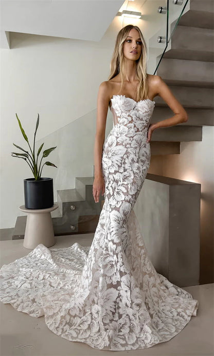 Sexy Sweetheart Full Lace Applique Born Bodce Mermaid Wedding Dresses Backless Sweep Train Custom Made  Bridal Grown 2025 Rode