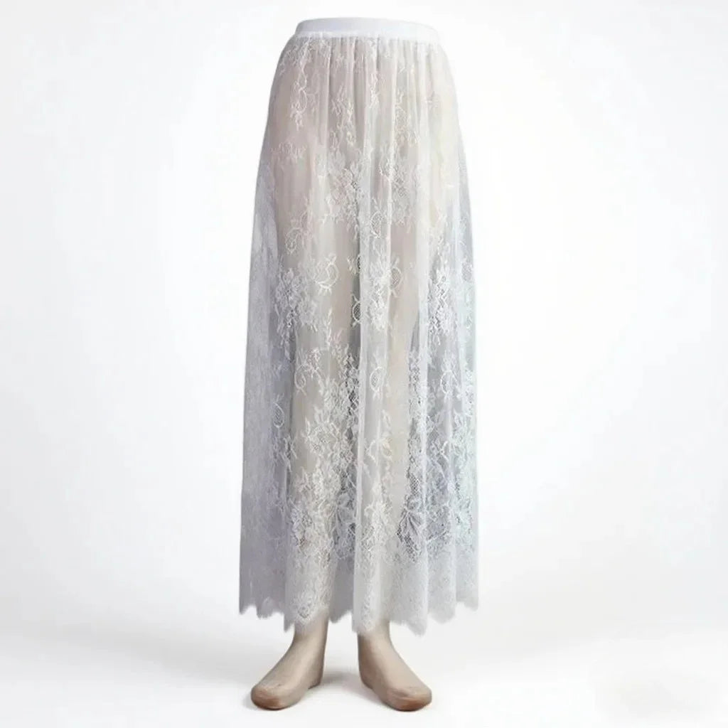 Women's High Waist Polka Dot Mesh Skirt Transparent Loose Pleated Long Summer Sexy Club Beach Cover-Up Skirt