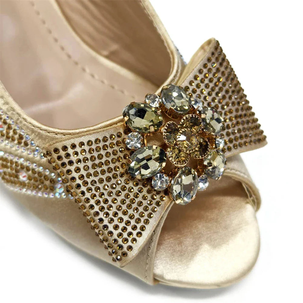 Italian Shoes and Bags Matching Set for Women Bow Rhinestones Peep Toe High Heels Purple Color Nigerian Party 2024