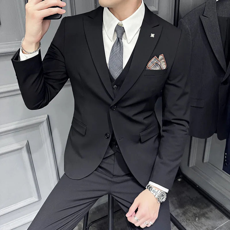 Slim Fit Men's Three Piece Suit Thin Single Button Notch Lapel Casual Fashion Cotton Blend Spring Autumn Wear for Youth