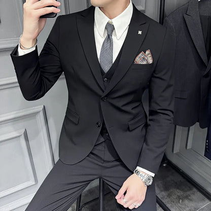Slim Fit Men's Three Piece Suit Thin Single Button Notch Lapel Casual Fashion Cotton Blend Spring Autumn Wear for Youth