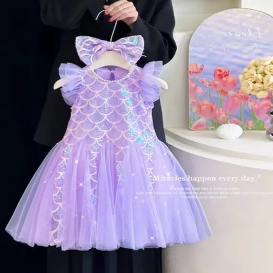 Girls Birthday Party Princess Dress O-neck Flare Sleeve Sequined Patchwork Mesh Dresses for Stage Performance Wedding S3069-2