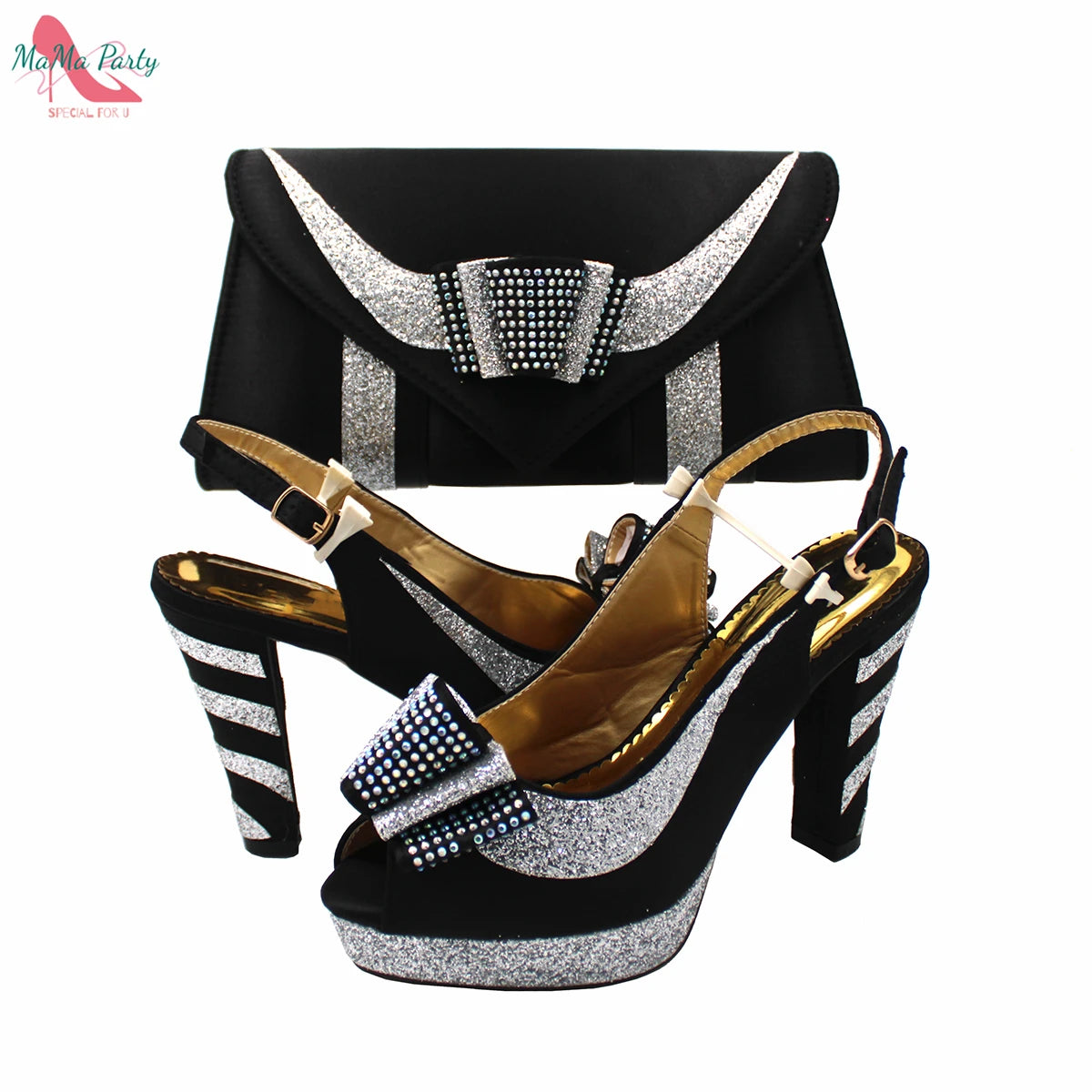 Fashion Pretty Peep Toe African Women Shoes Matching Bag Set in Silver Color Elegant Style Platform Sandals for Party