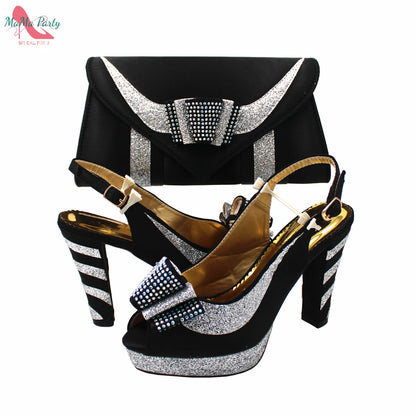 Fashion Pretty Peep Toe African Women Shoes Matching Bag Set in Silver Color Elegant Style Platform Sandals for Party