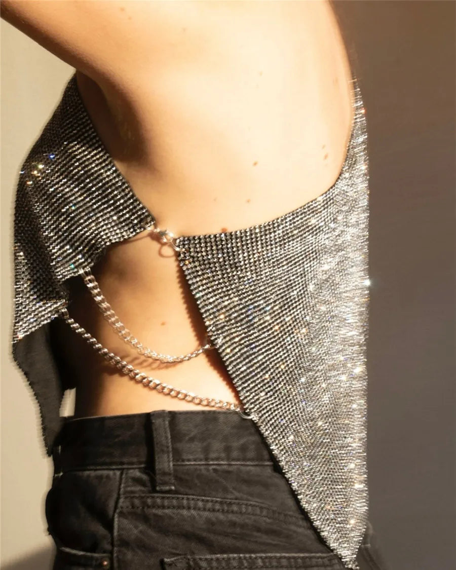Shiny Rhinestone Metal Camisole For Women Sexy Backless Single shoulder Side Split Tank Tops Cocktail Party Club Crop Top Y2K