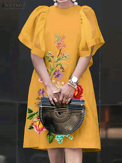 Women Vintage Vestidos Solid Mesh Patchwork Sundress Casual Summer Mini Dress Party Ruffle Short Sleeve Loose Dresses